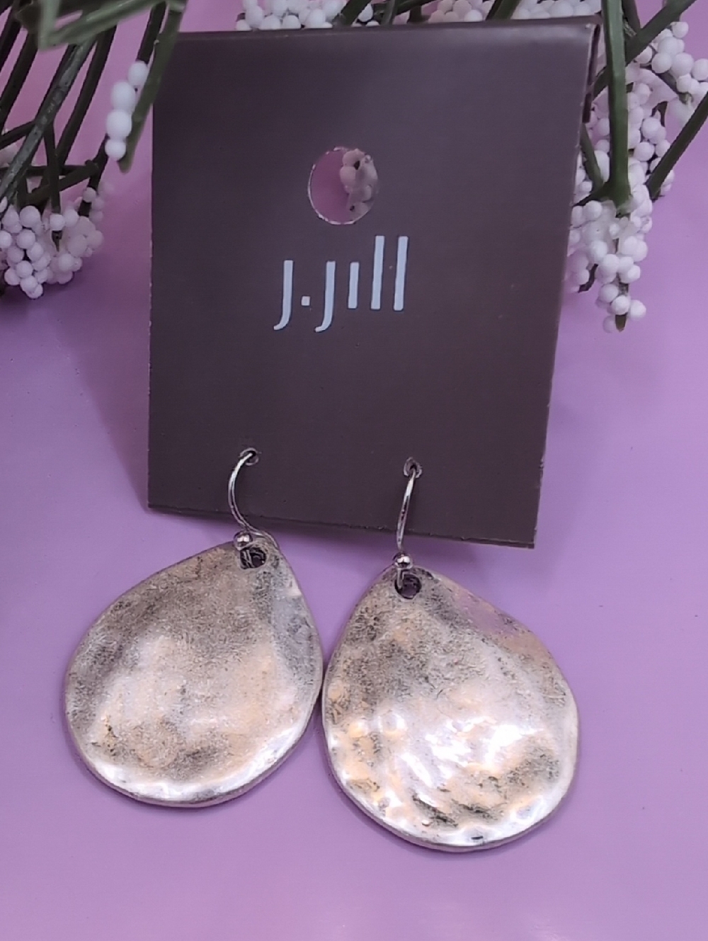 J. Jill Silver-Tone Hammered Shimmery Teardrop Drop Earrings NWT $29
